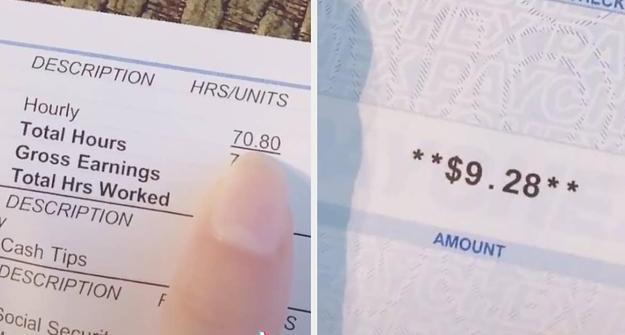 Woman Shares $9 Paycheck After Working Over 70 Hours as a Server — "It's Not Right"