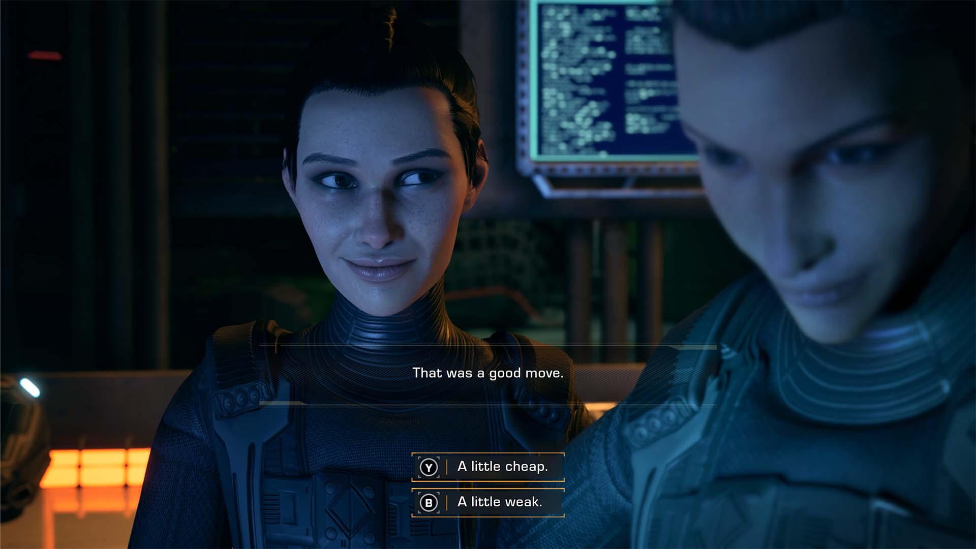 Camina Drummer looking at her crewmate Maya in 'The Expanse: A Telltale Series'