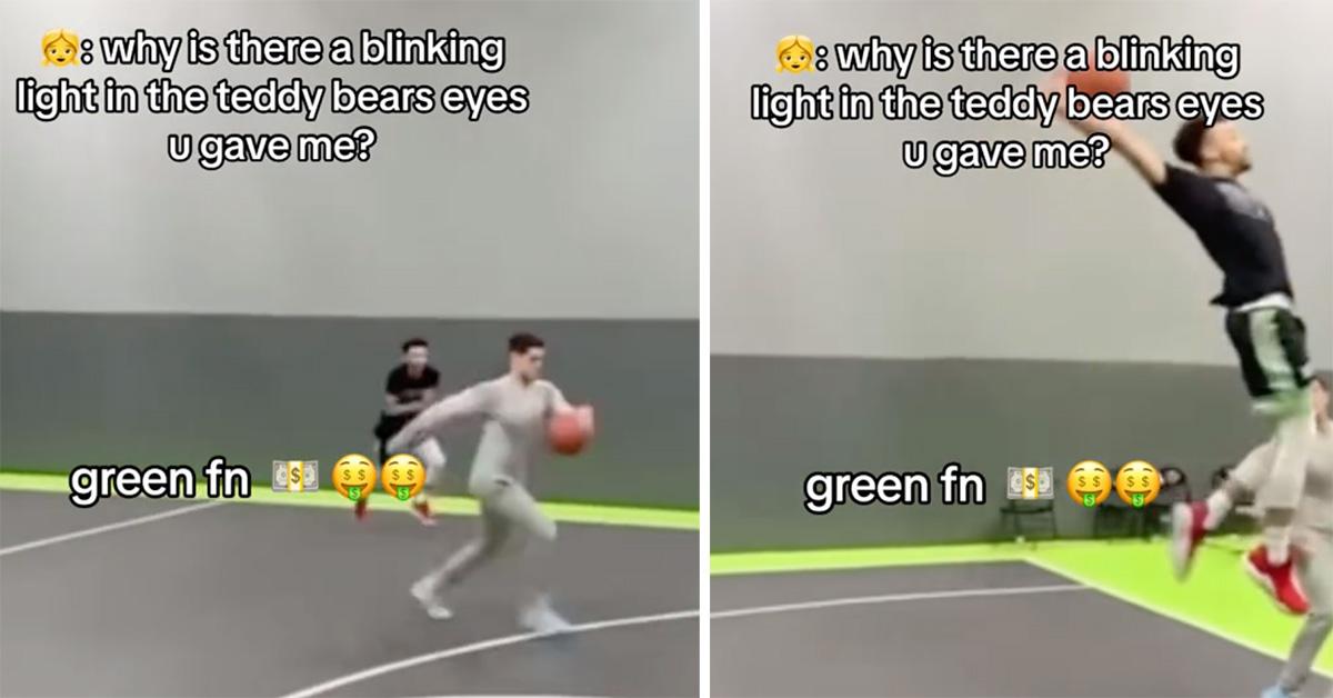 Two basketball players dunking a basketball in a TikTok video. 