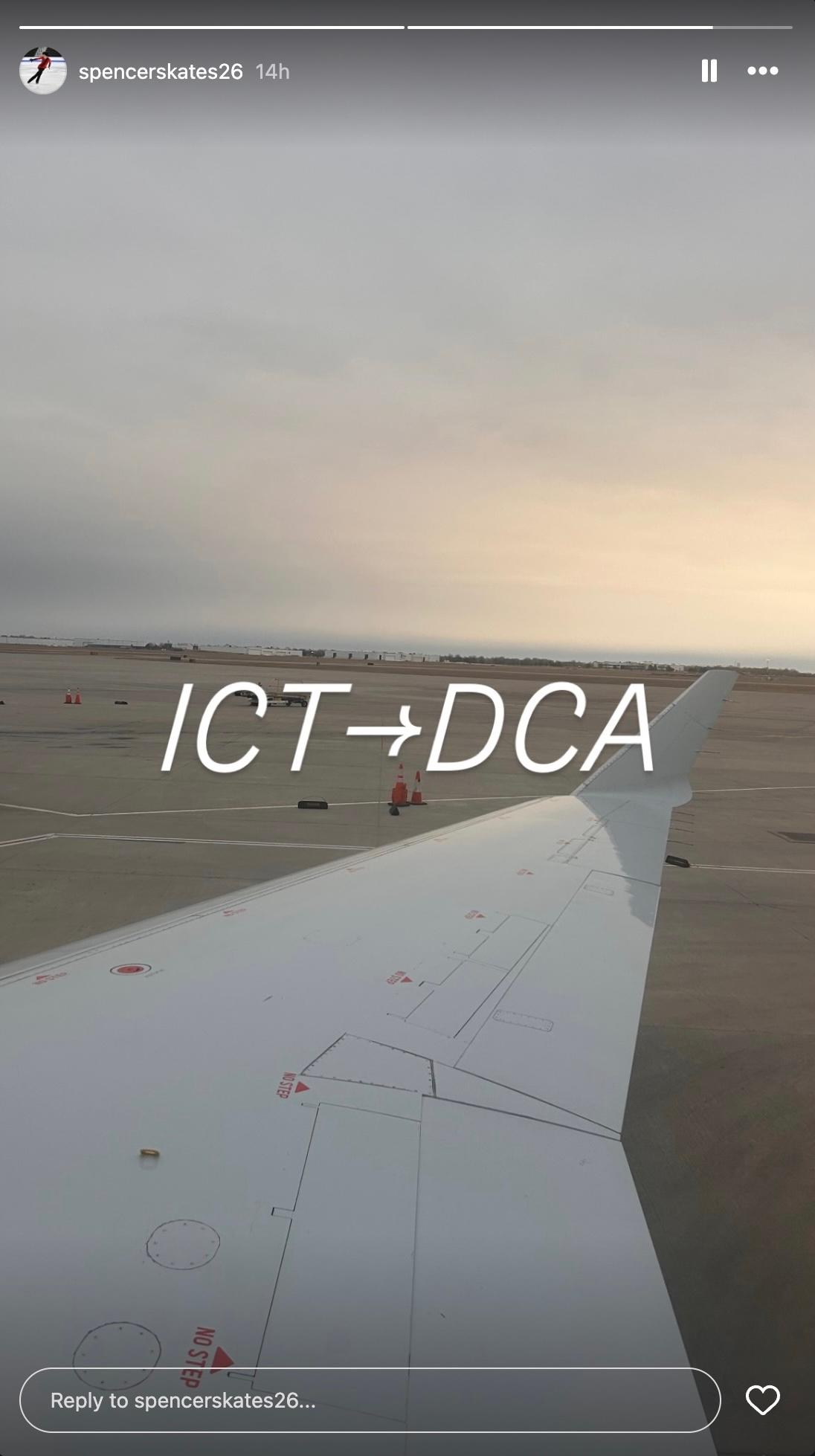 Spencer Lane shared a photo of the plane's right wing on his Instagram Story, with the caption "ICT to DCA," referring to the airport codes for Wichita and Washington D.C.