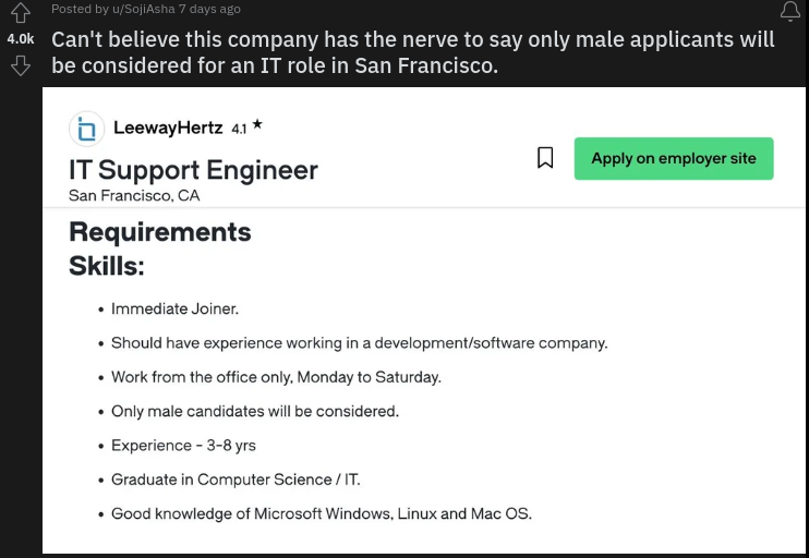 company only hires male applicants