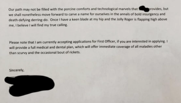 Man Quits Healthcare Job to Become a Pirate in Epic Resignaiton Letter