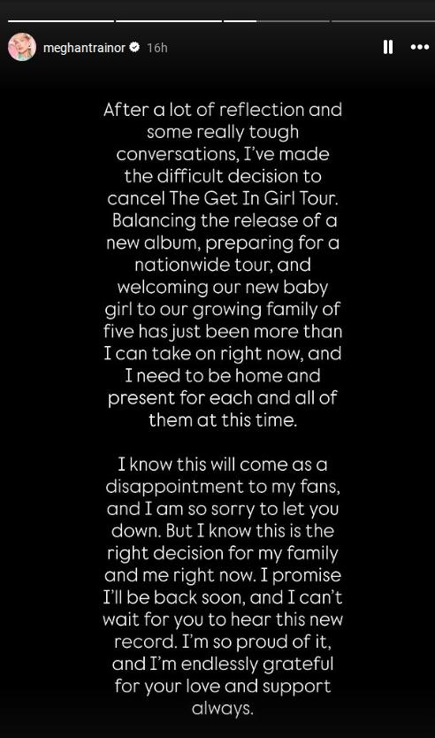 Meghan Trainor’s Instagram Stories post about her tour.
