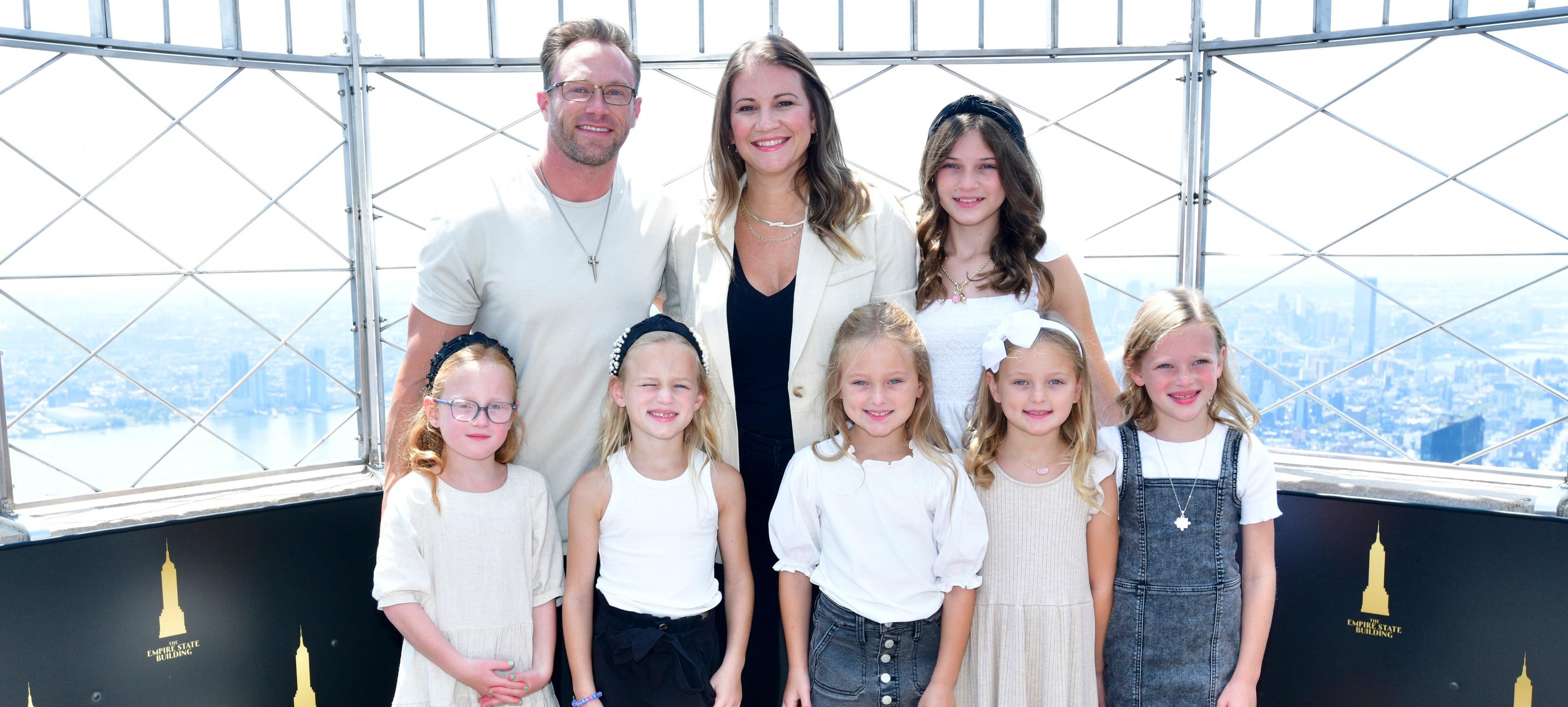 Adam Busby, Danielle Busby, Blayke Busby, (L-R Bottom Row): Hazel Busby, Riley Busby, Ava Busby, Olivia Busby and Parker Busby on July 11, 2023 in New York City.