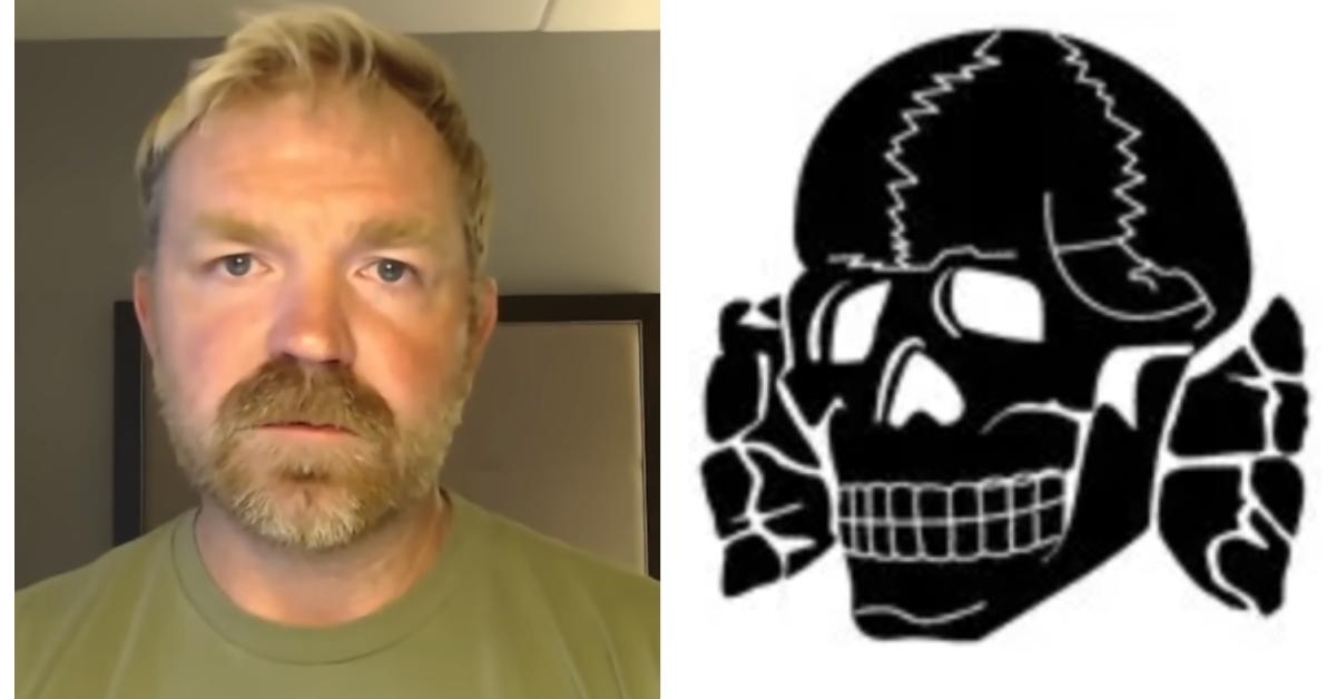 (L-R) Graham Platner; drawing of a Totenkopf