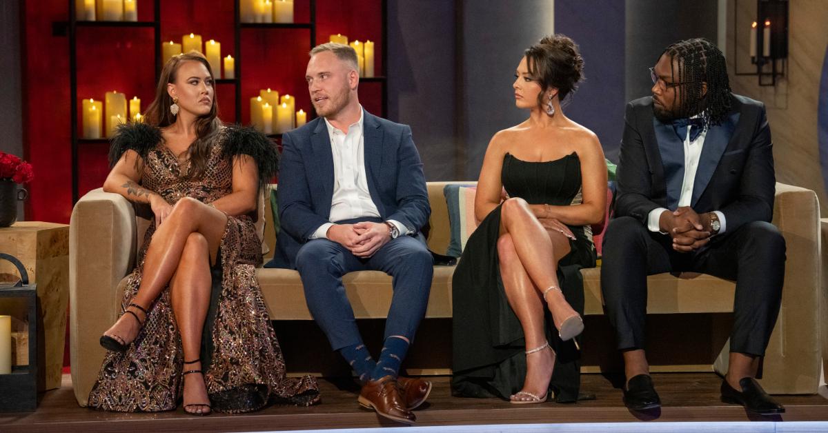 (L-R) Chelsea dazzles in a patterned dress with feathers and black heels, Jimmy rocks a navy suit with patterned socks and brown dress shoes, Brittany elegantly dons a strapless black gown with white heels, while Kenneth sports a black tux with navy accents, paired with black loafers and glasses.