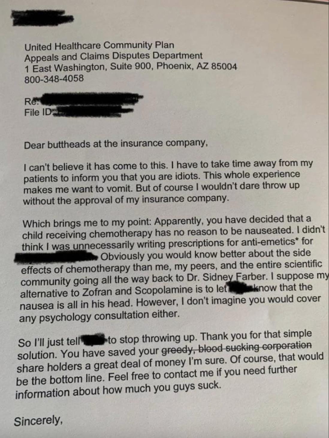 A letter shared on Reddit from a doctor to UHC after they denied medication for a child chemo patient.