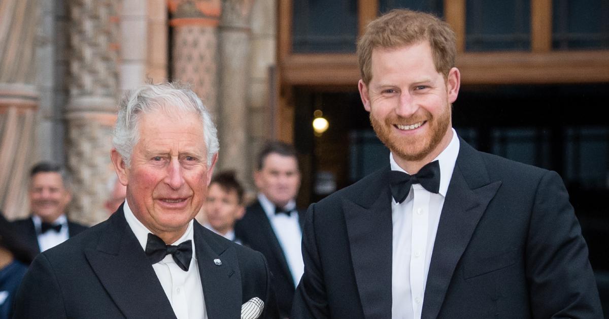 King Charles and Prince Harry pose on the red carpet at the 'Our Planet' global premiere at the Natural History Museum on April 4, 2019, in London.