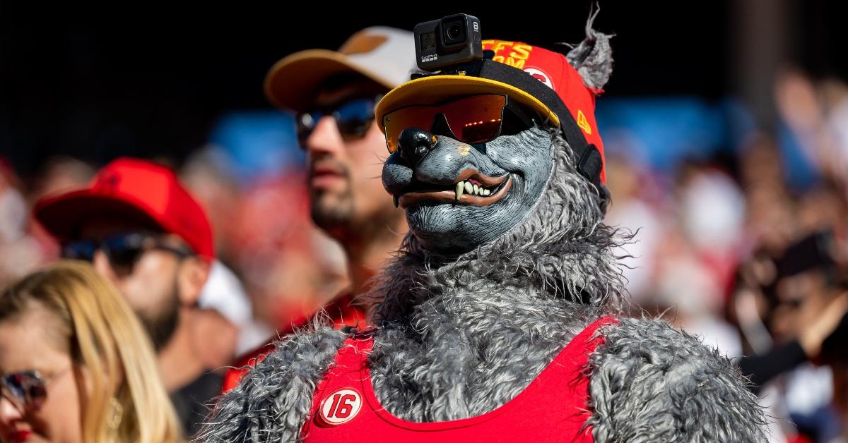 Xaviar Babudar dressed as a wolf at a Kansas City Chiefs game