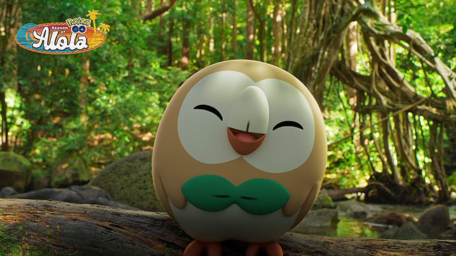 'Pokémon GO' close-up of Rowlet sitting in a forest.