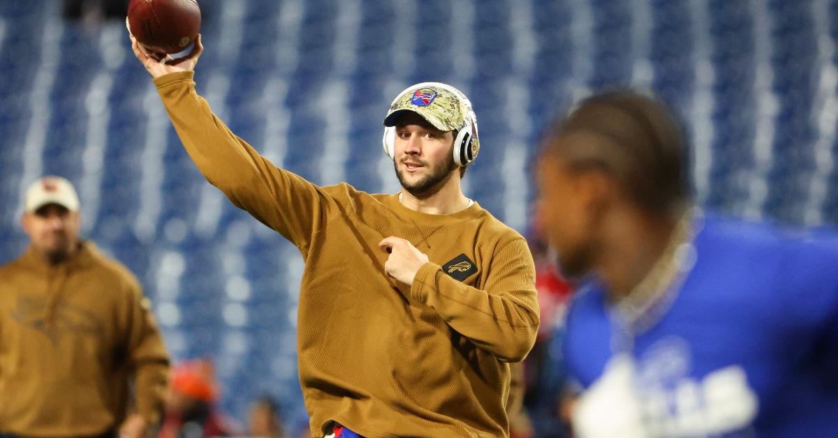 ORCHARD PARK, NEW YORK - NOVEMBER 13: Josh Allen #17 of the Buffalo Bills warms up prior to a game against the Denver Broncos at Highmark Stadium on November 13, 2023 in Orchard Park, New York. (Photo by Timothy T Ludwig/Getty Images)