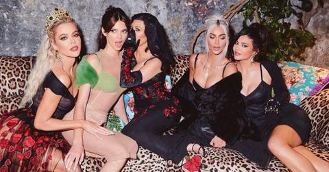 (l-r): Khloe Kardashian, Kendall Jenner, Kourtney Kardashian, Kim Kardashian, and Kylie Jenner wearing Dolce & Gabbana at Kourtney's wedding.