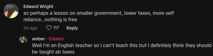 Comments on teacher's viral post about her student's harsh reaction to getting her paycheck taxed.