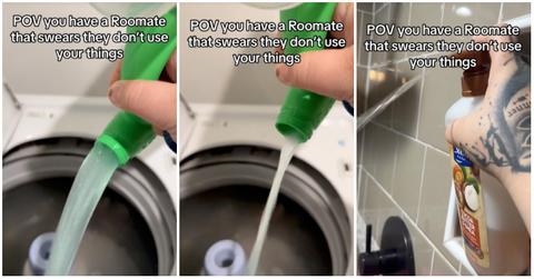 Viral video of woman calling out roommate for using soap and replacing contents with water.