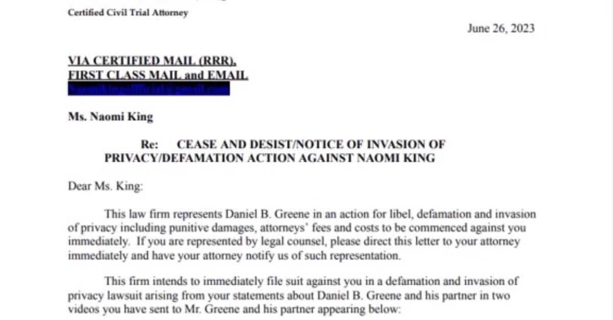 Cease and Desist letter from Daniel Greene to Naomi King