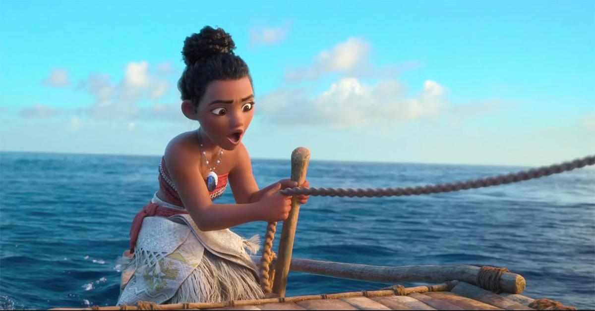 Moana tying rope on a boat in 'Moana.' 