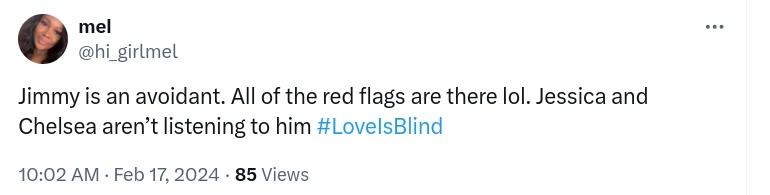 Tweet about Jimmy's red flags on Love Is Blind