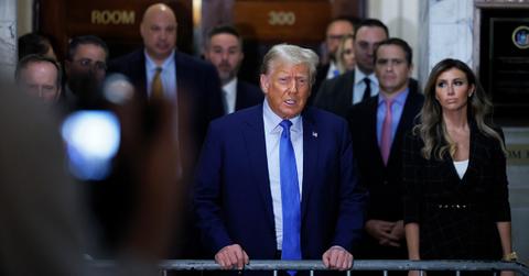 Donald Trump speaking to press following a court appearance.