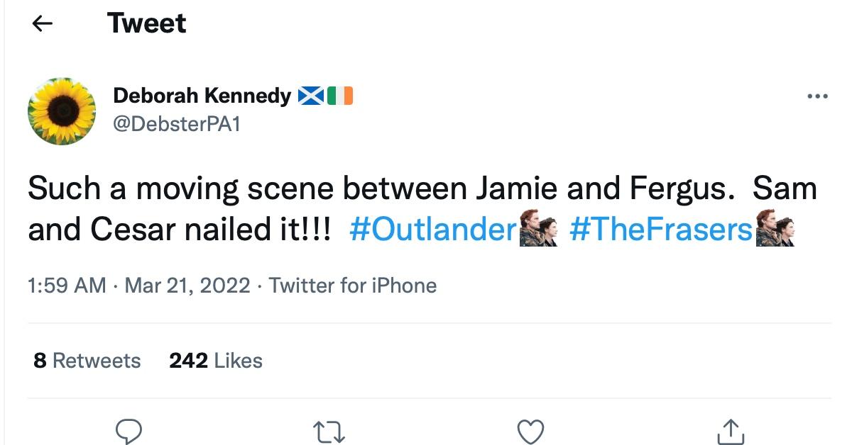 A tweet about the scene between Jamie and Fergus in Season 6, Episode 3 of 'Outlander'