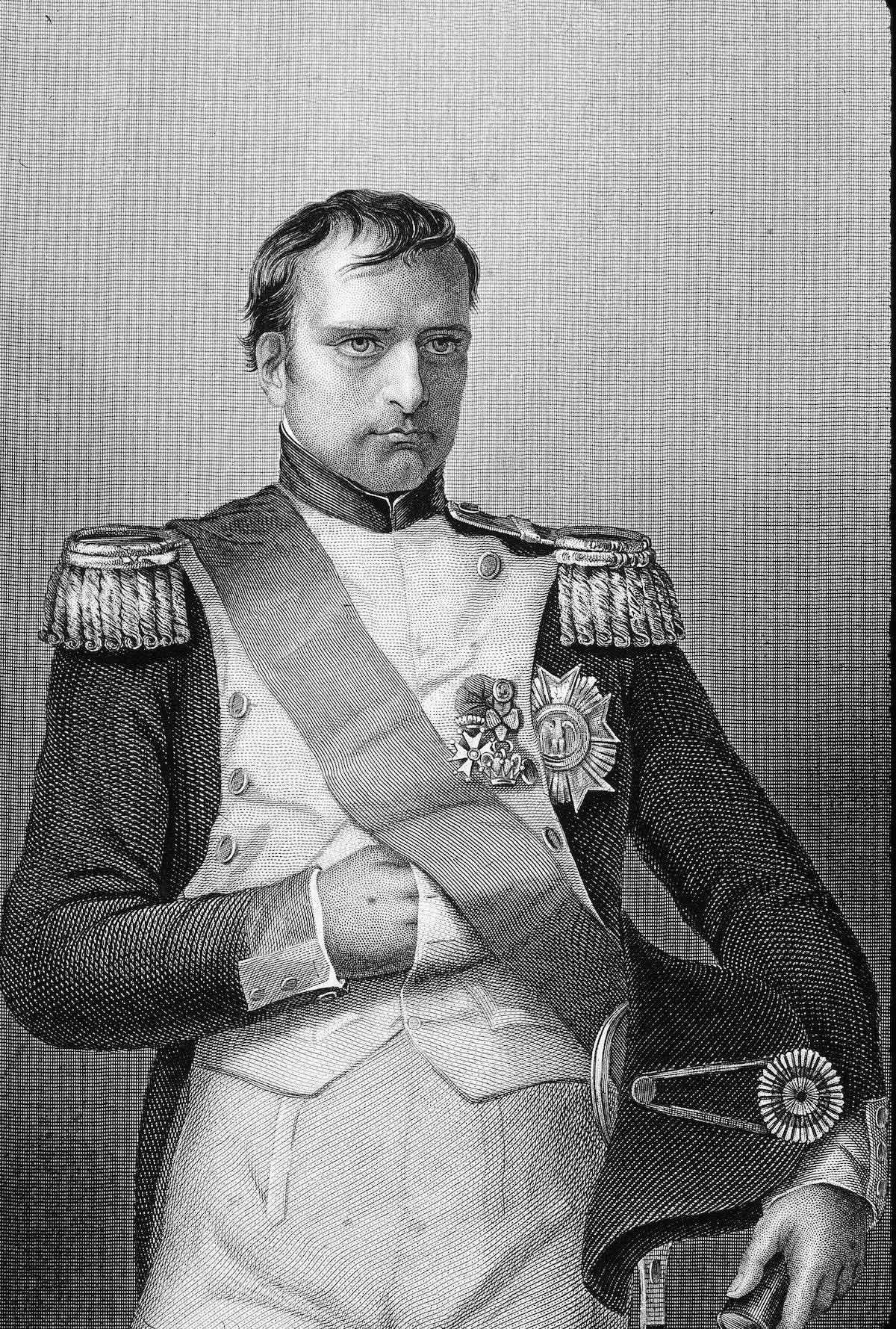 A black and white portrait of Napoleon Bonaparte hiding his hand