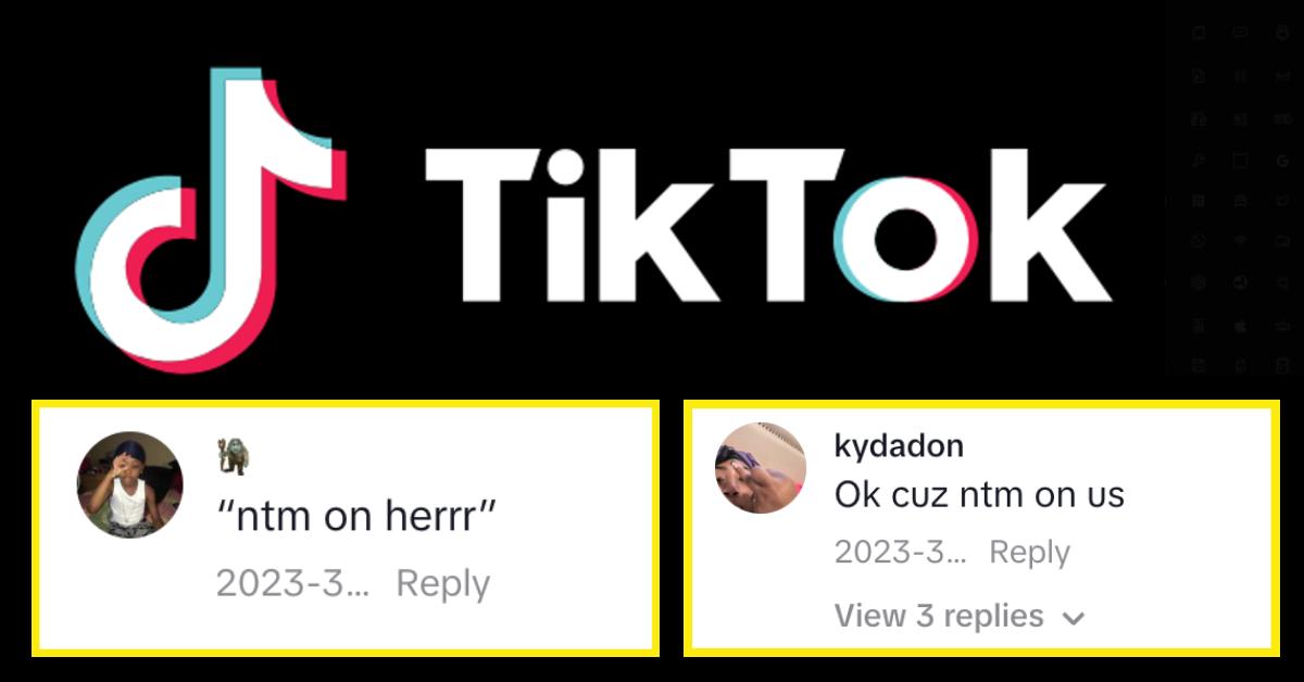 TikTok logo and two comments on TikTok using "NTM."