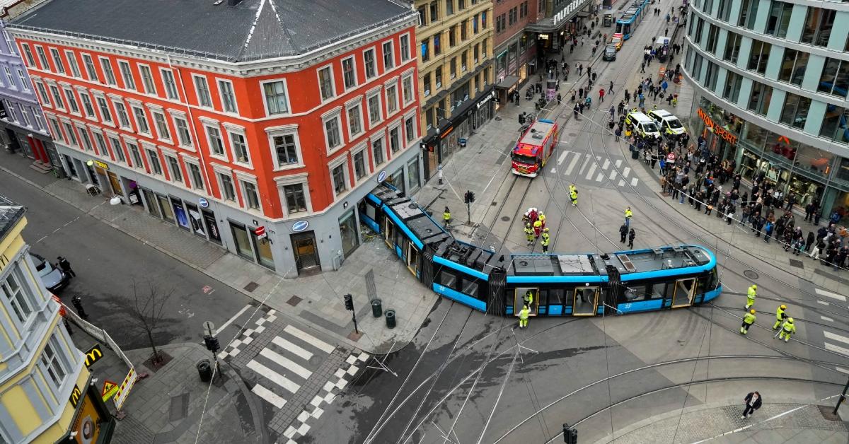 An overhead view shows a derailed tram that drove into an Apple Store in the center of Oslo, Norway on Oct. 29, 2024.