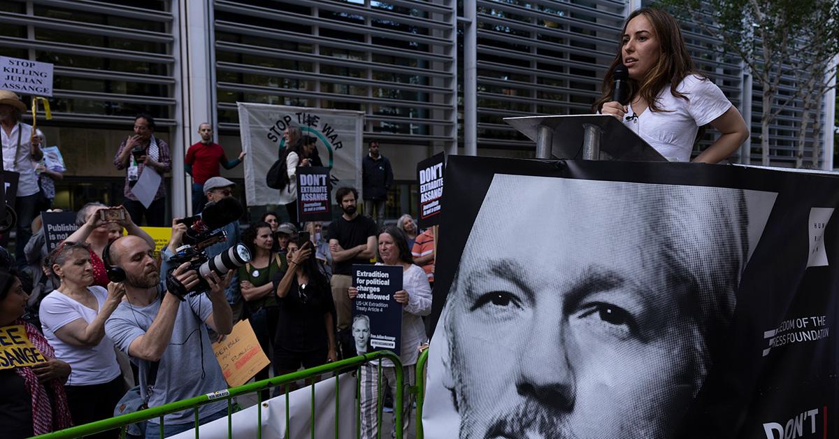 Stella Assange speaking on behalf of her husband in 2022.