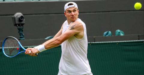 Jack Draper practices ahead of Wimbledon 2025.