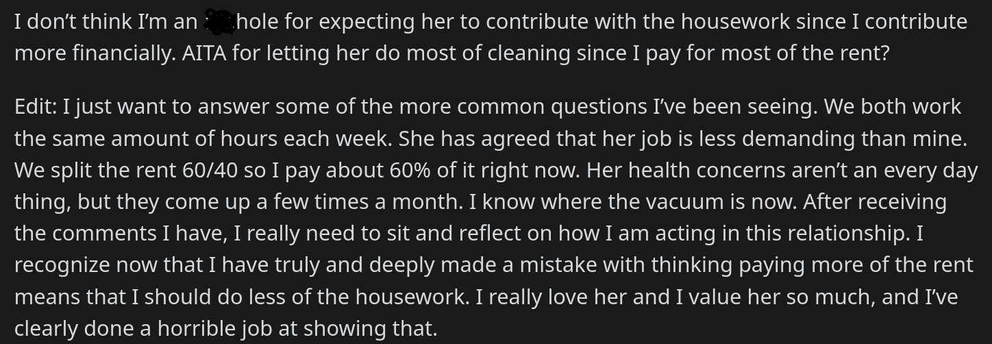 guy makes more expects gf to do chores