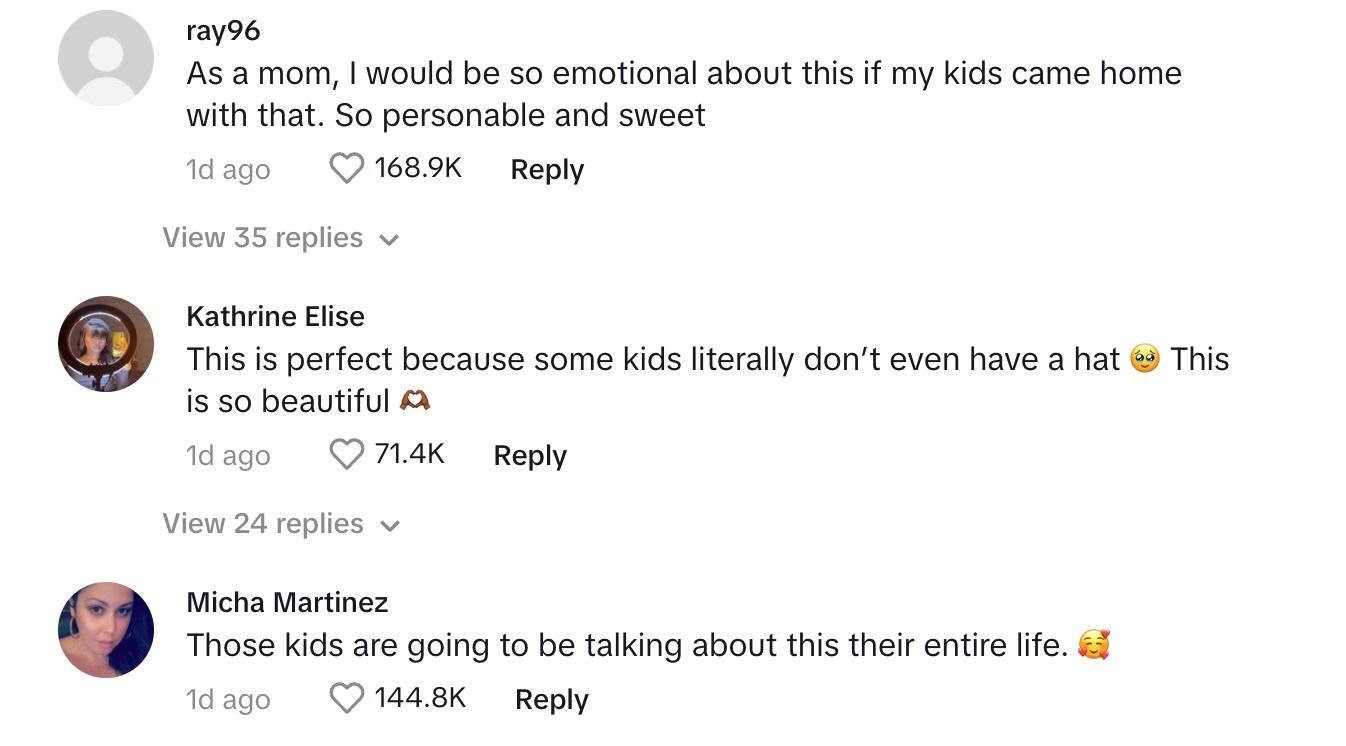 Commenters saying that the kids and parents will remember this sweet gesture