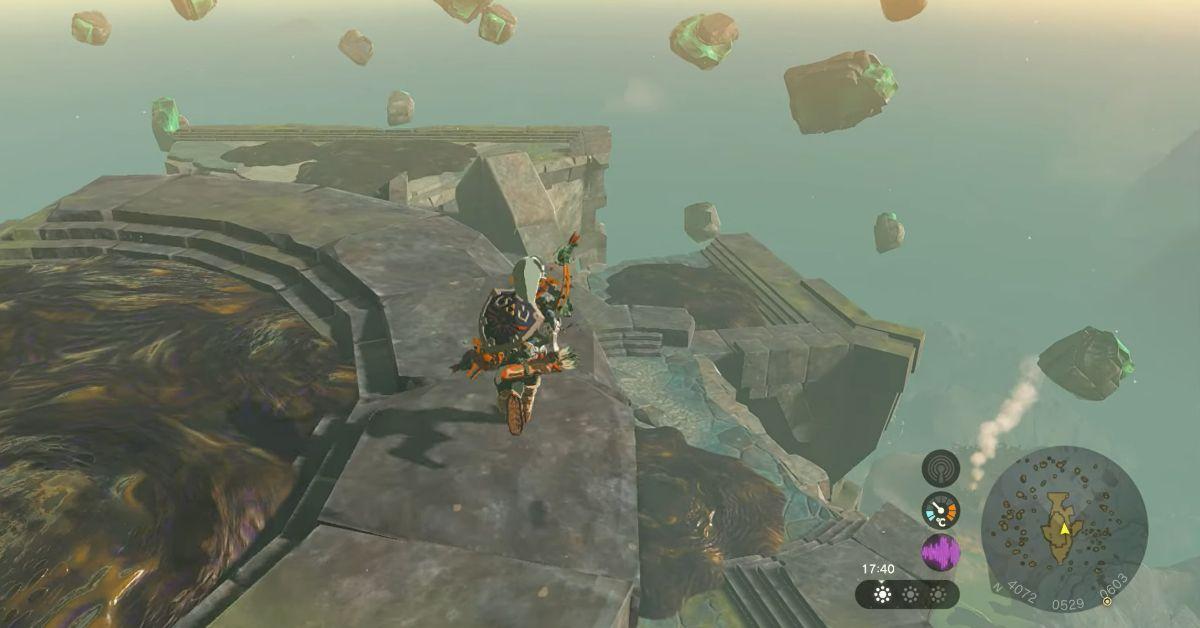 Link in the position on Floating Scales Island where you can see the teardrop.