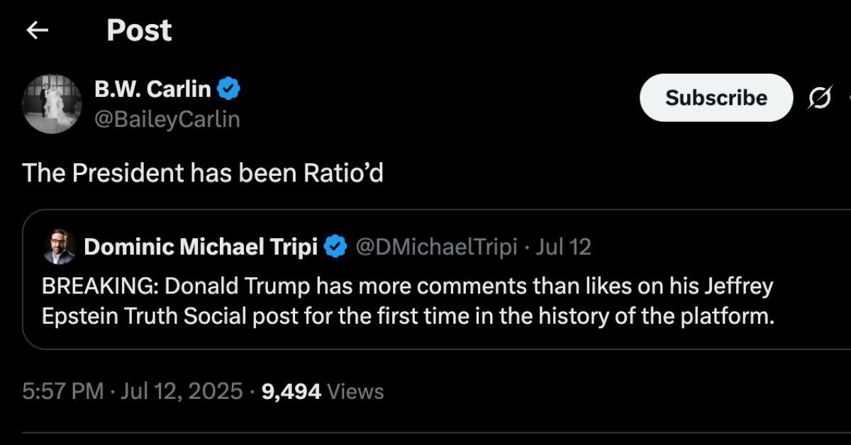 A Twitter post confirming that the president has been ratioed. 