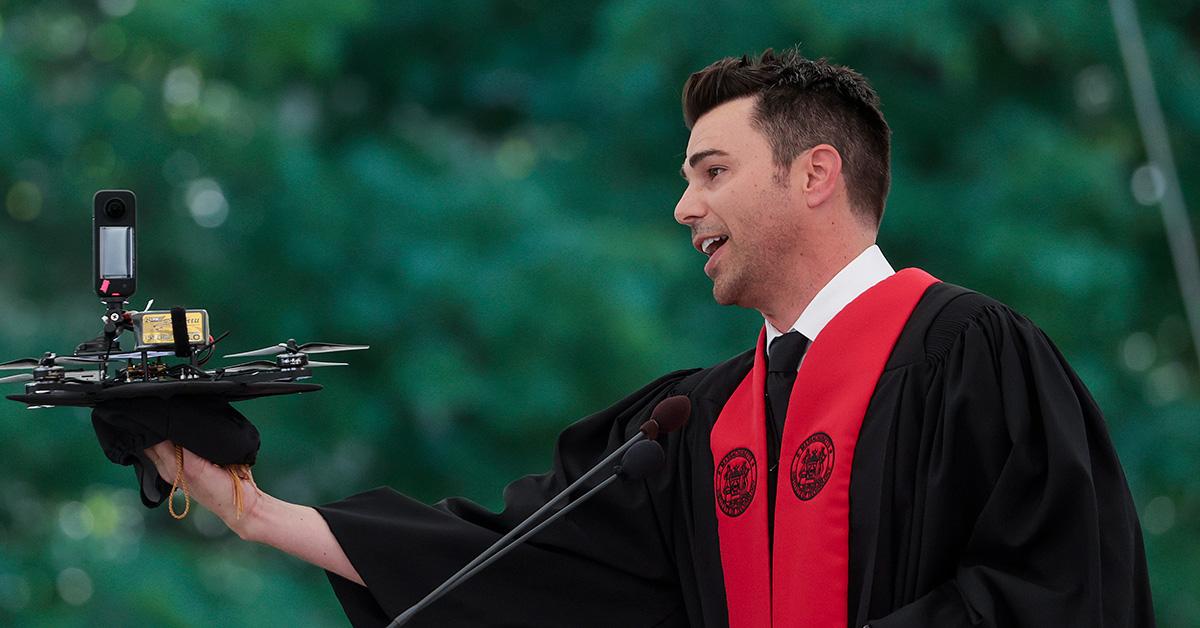 Mark Rober giving a commencement address at MIT in 2023. 