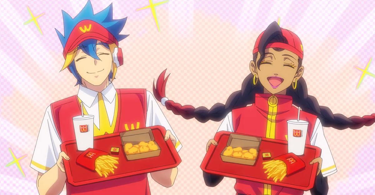 WcDonald's anime characters holding trays with food