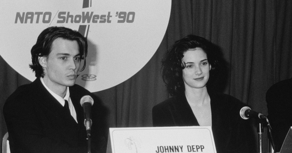 Johnny Depp and Winona Ryder in the press room of the 1990 ShoWest Awards.