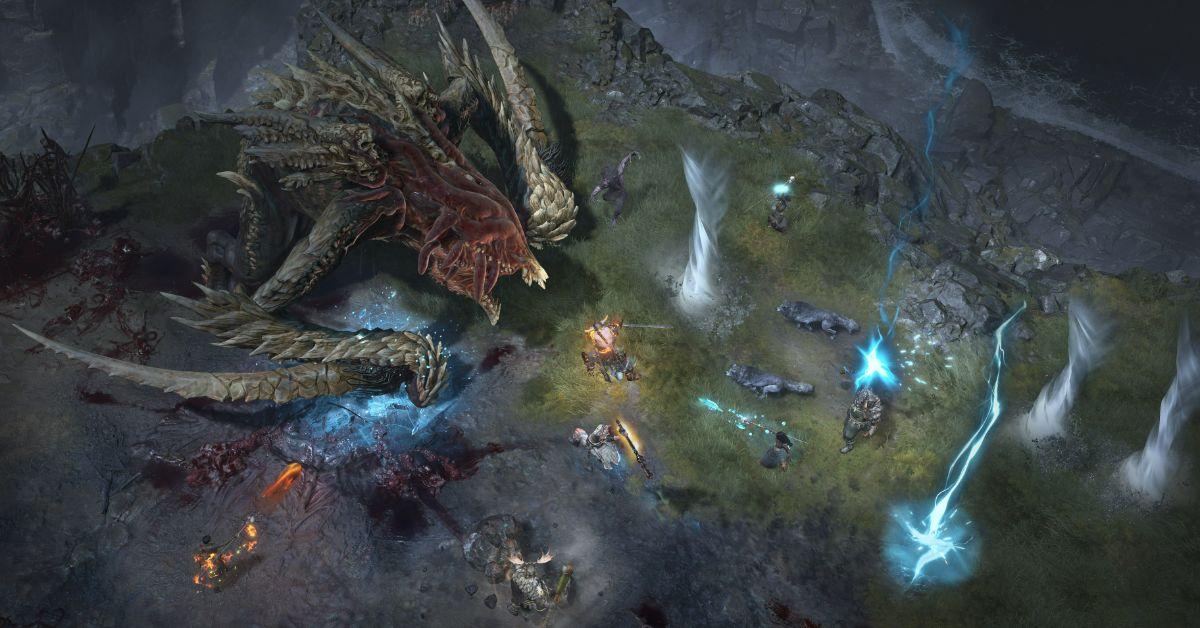 Diablo IV players on a battlefield fighting against a winged demon.