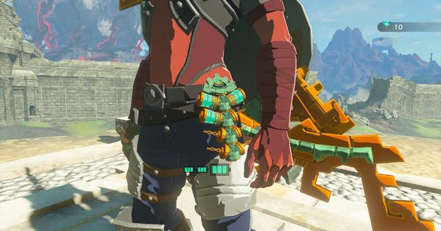 'Tears of the Kingdom' Close-up on the Zonai-powered Energy Cells on Link's hip.