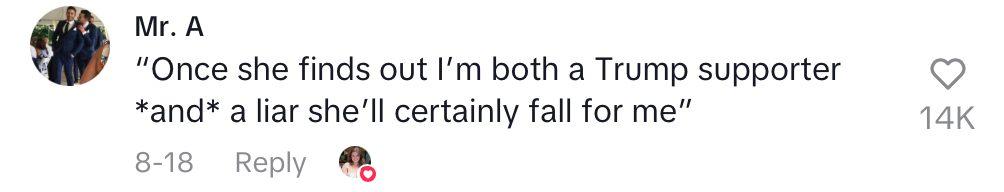 Comment on TikTok of woman saying young men lie about who they voted for to date.