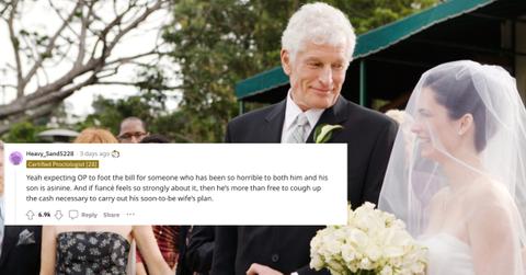 A bride walking down aisle with father, wedding guests watching stock photo with Reddit screenshot on top