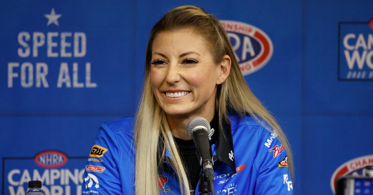 NHRA drag racer Leah Pruett speaks during a press conference.