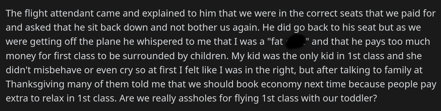 first class passenger angry at toddler