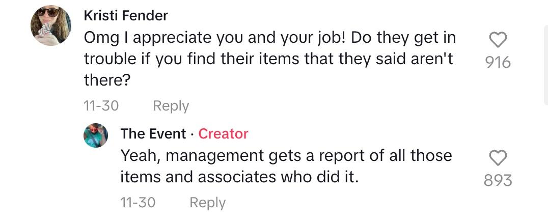 A commenter asking if employees get in trouble for saying a product is incorrectly out of stock