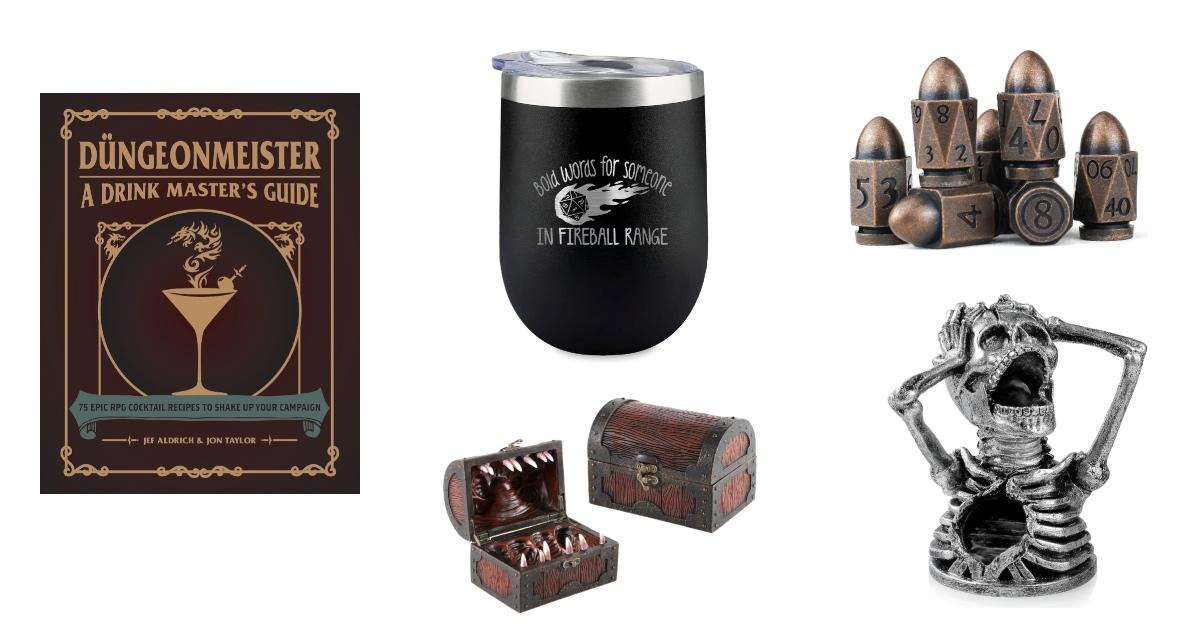 'Düngeonmeister: A Drink Master's Guide', A black tumbler that reads "Bold words for someone in fireball range", bullet dice, A chest with teeth that's meant to hold up to five sets of dice, and a skeleton dice tower