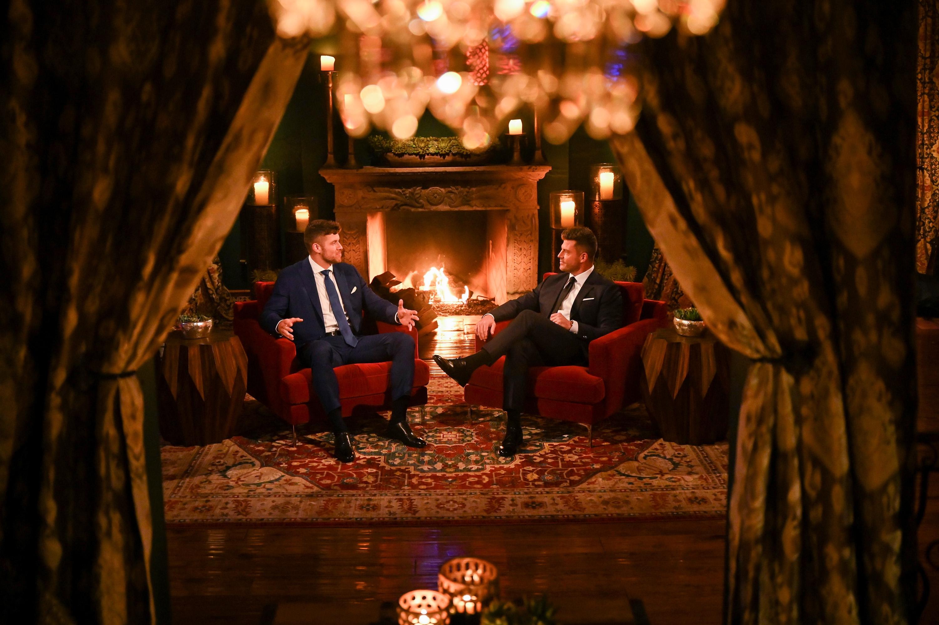 Clayton Echard and Jesse Palmer step away to chat during 'The Bachelor' Season 26 premiere.