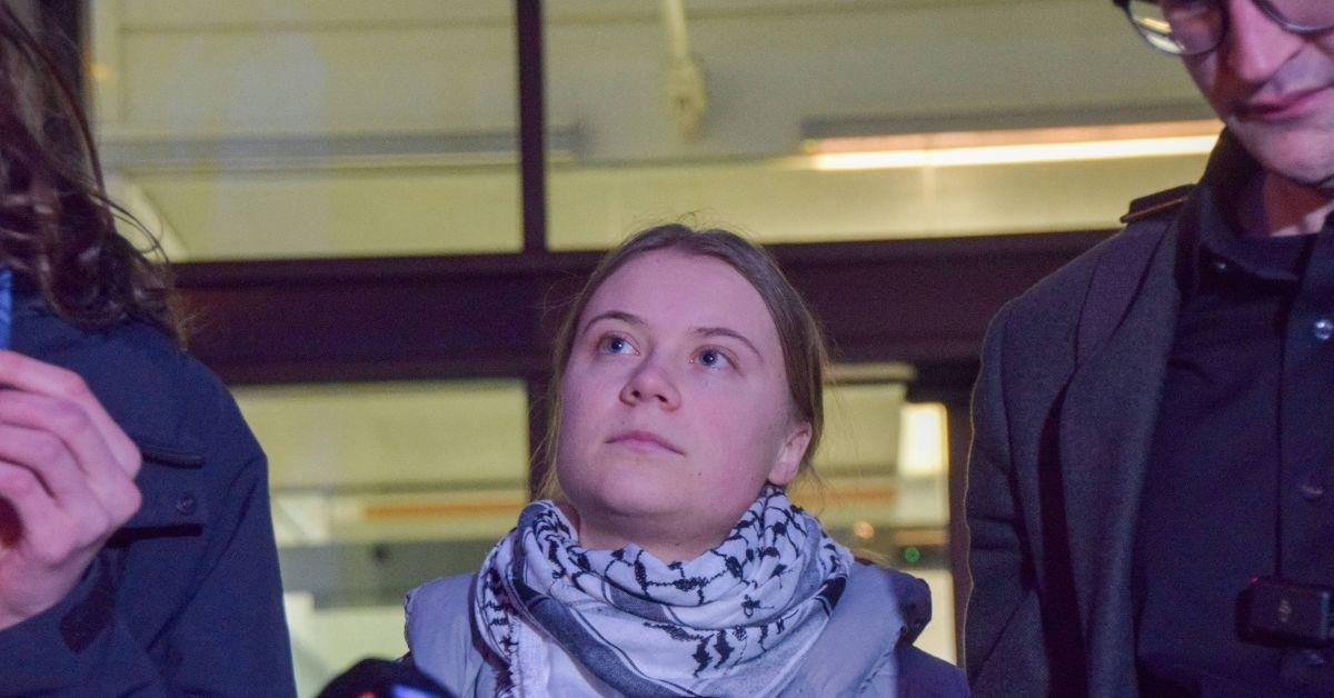 Greta Thunberg outside her court case in 2024. 