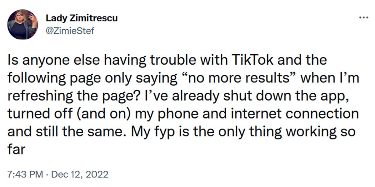 A user tweets about TikTok issues