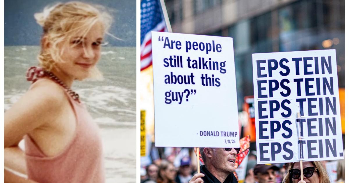 (L-R): Virginia Giuffre; Protesters holding up signs about Donald Trump and Jeffrey Epstein