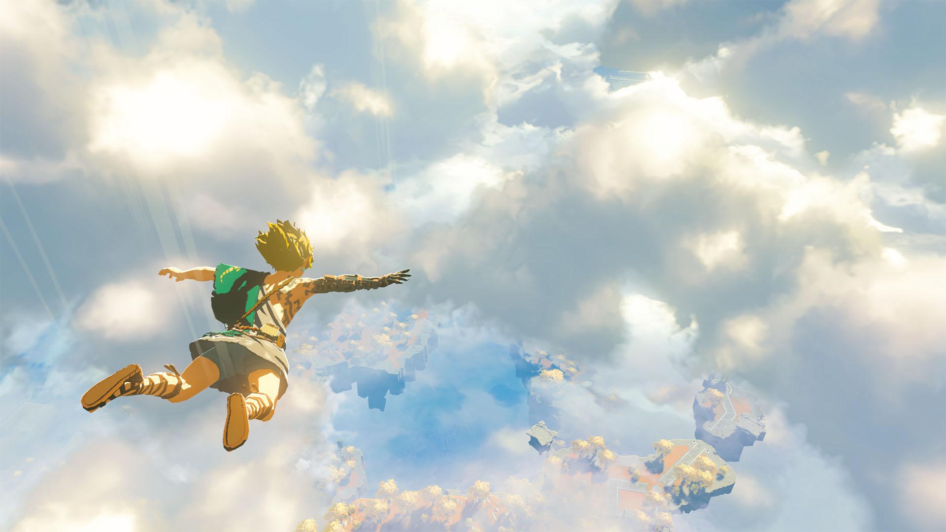 'Tears of the Kingdom' Link falling in the sky above Hyrule.