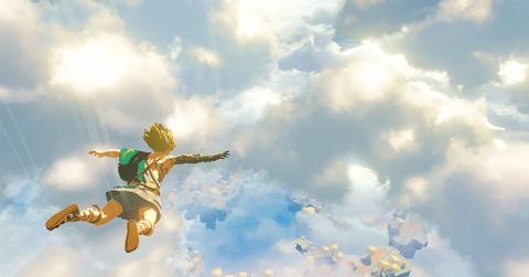 'Tears of the Kingdom' Link falling in the sky above Hyrule.