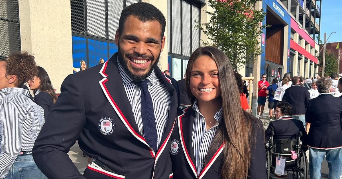 Noelle Lambert and Ryan Medrano pose for a photo at the Opening Ceremony of the Paris 2024 Paralympic Games.